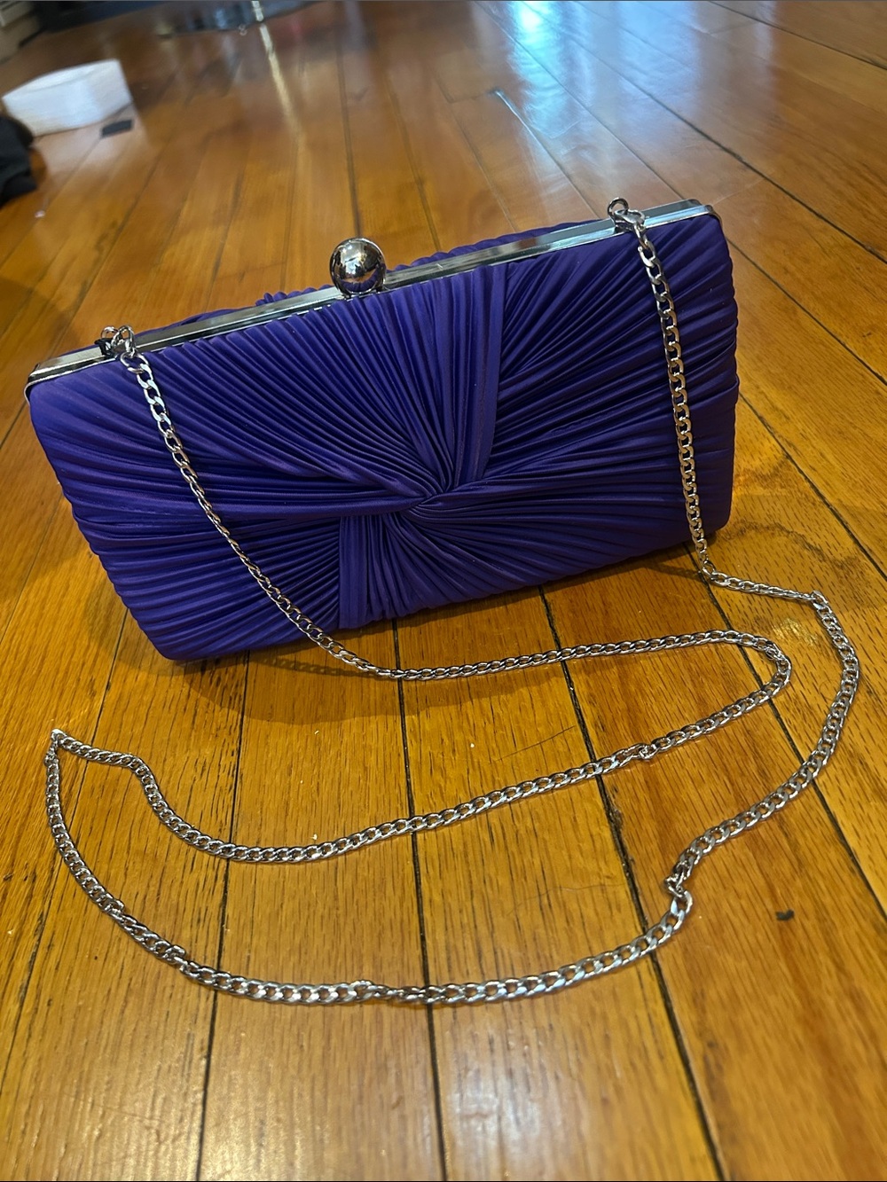 AKIRA Purple Satin Knot-Pleat Clutch with Silver Chain